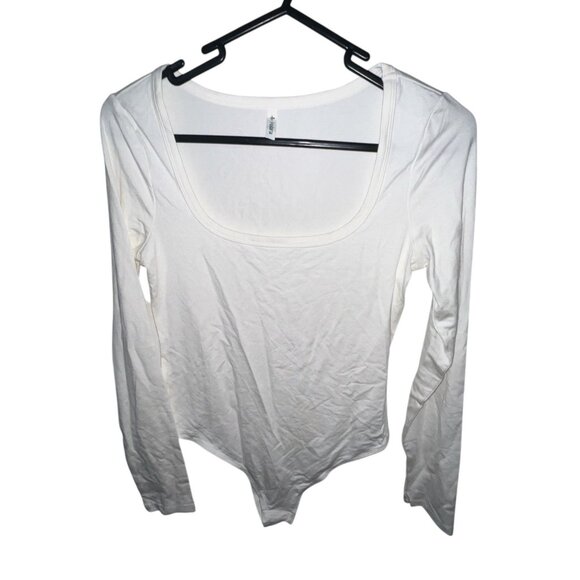 Halara U Neck Long Sleeve Snap Skinny Work Bodysuit Sz Small Womens White - Picture 3 of 5